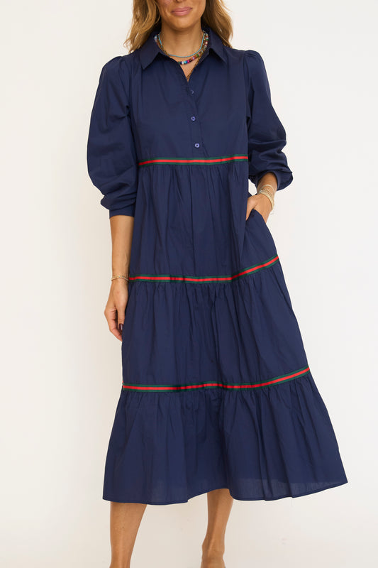 Stripe Tape Trim Accent Tiered Midi Dress