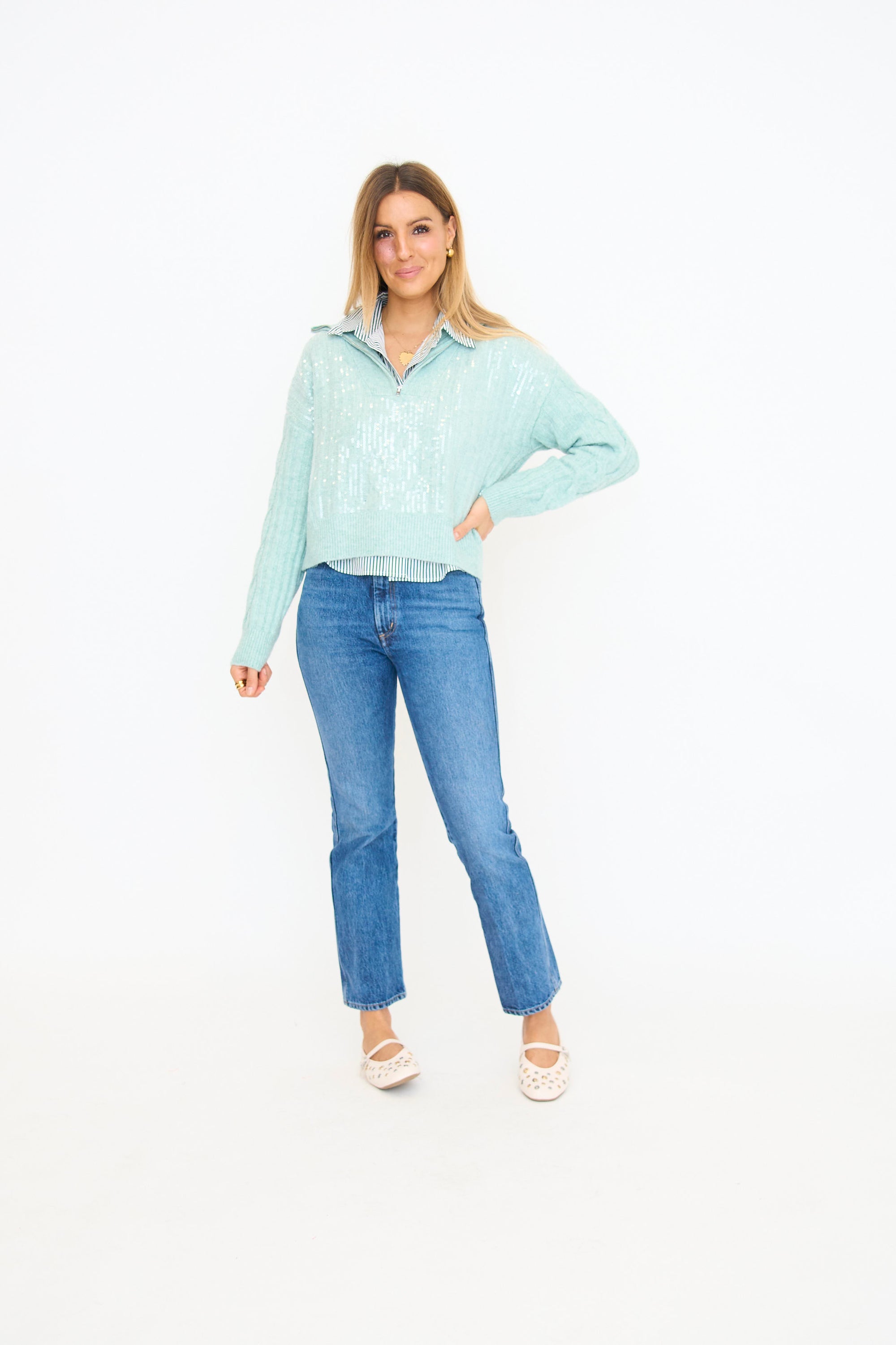 Trucker Collar Sequin Zip Sweater