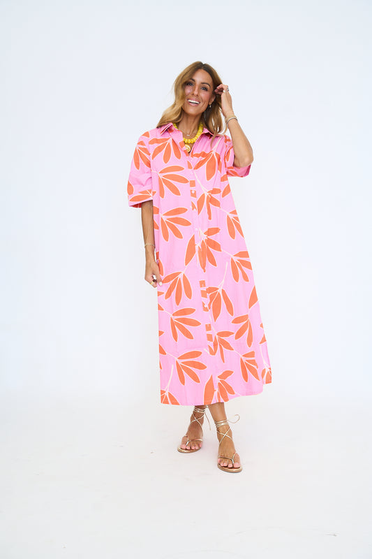 Palm Leaf Floral Maxi Shirt Dress