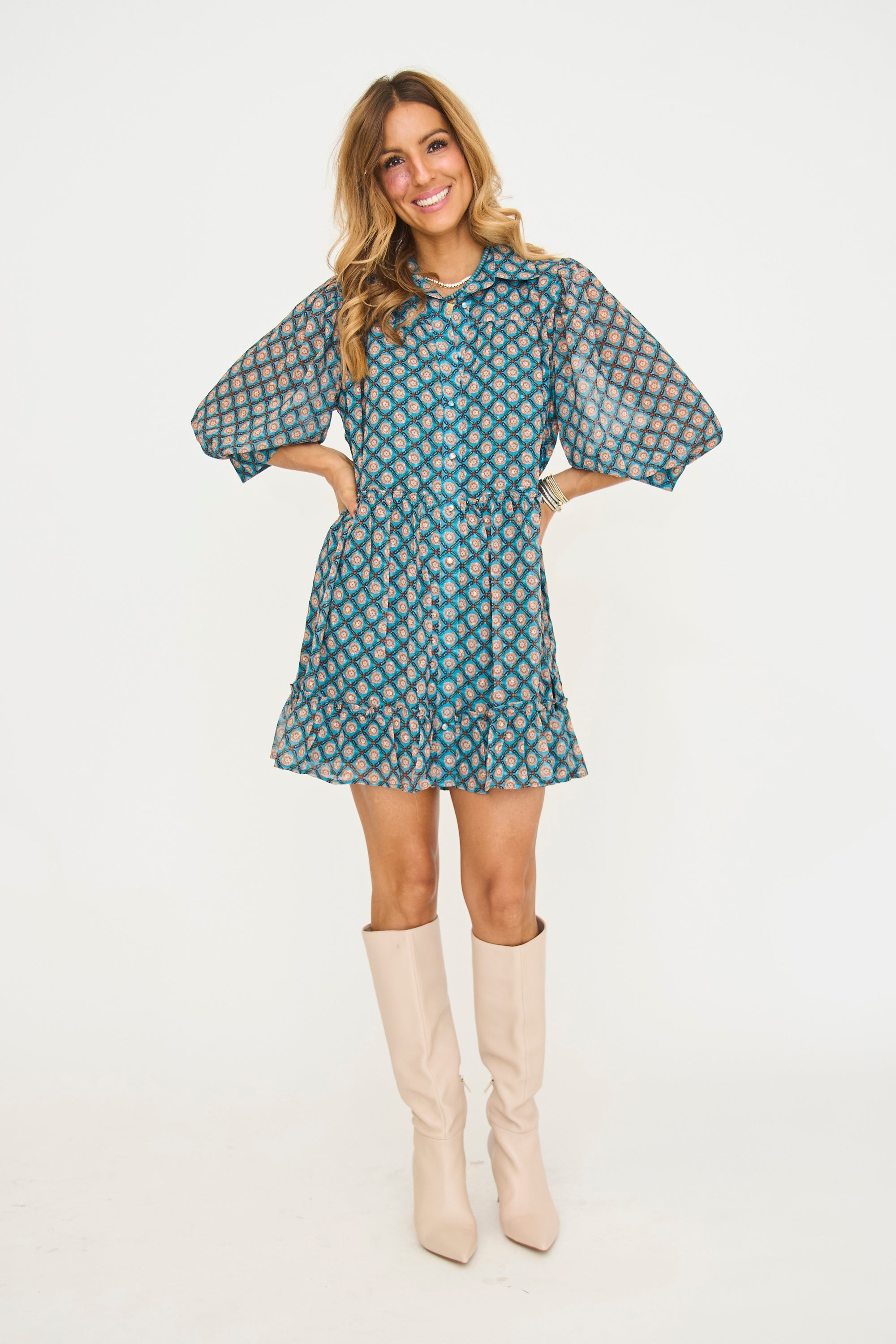 Teal Printed Mini Dress