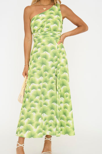 One Shoulder Palm Midi Dress