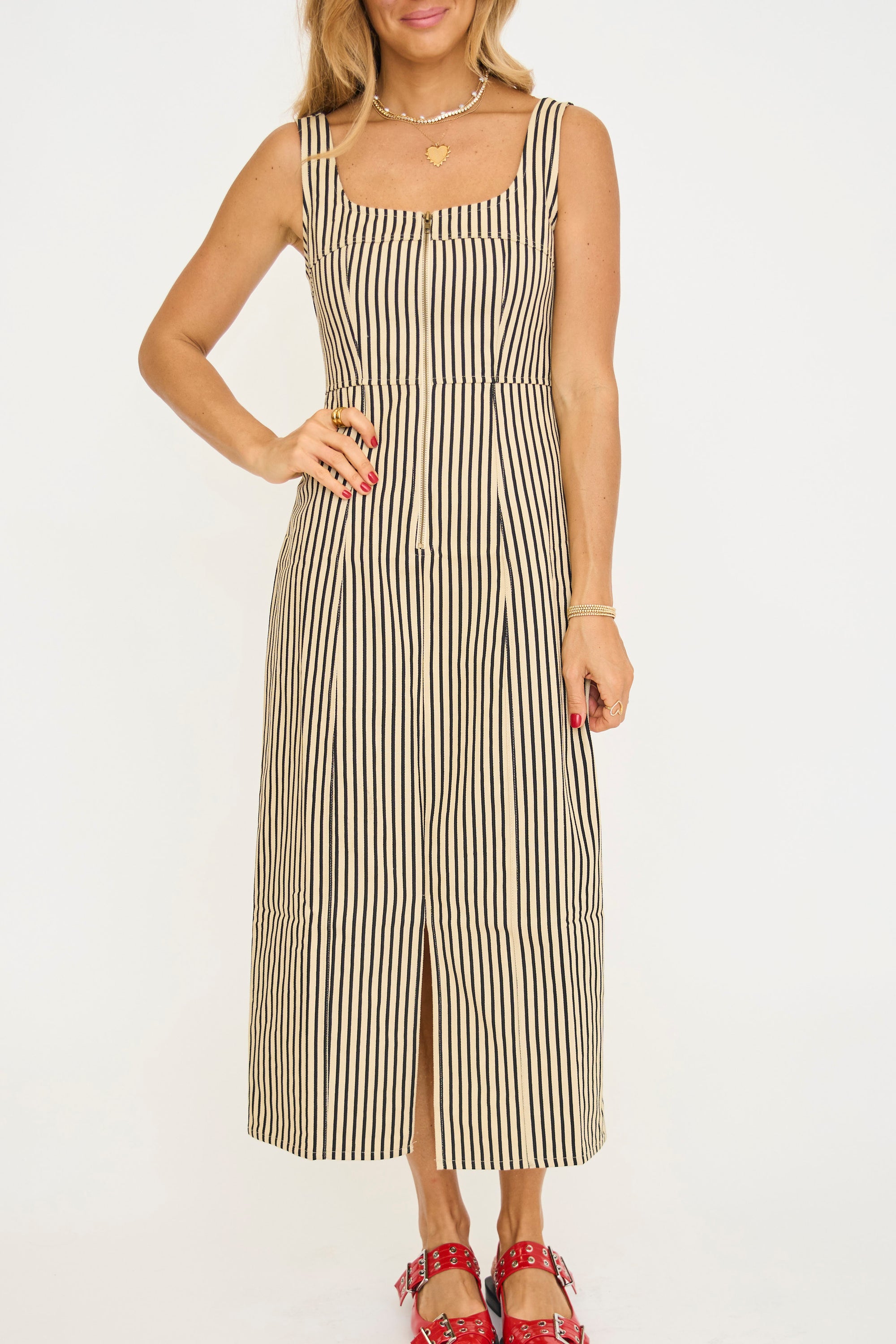 Zip Up Stripe Twill Dress