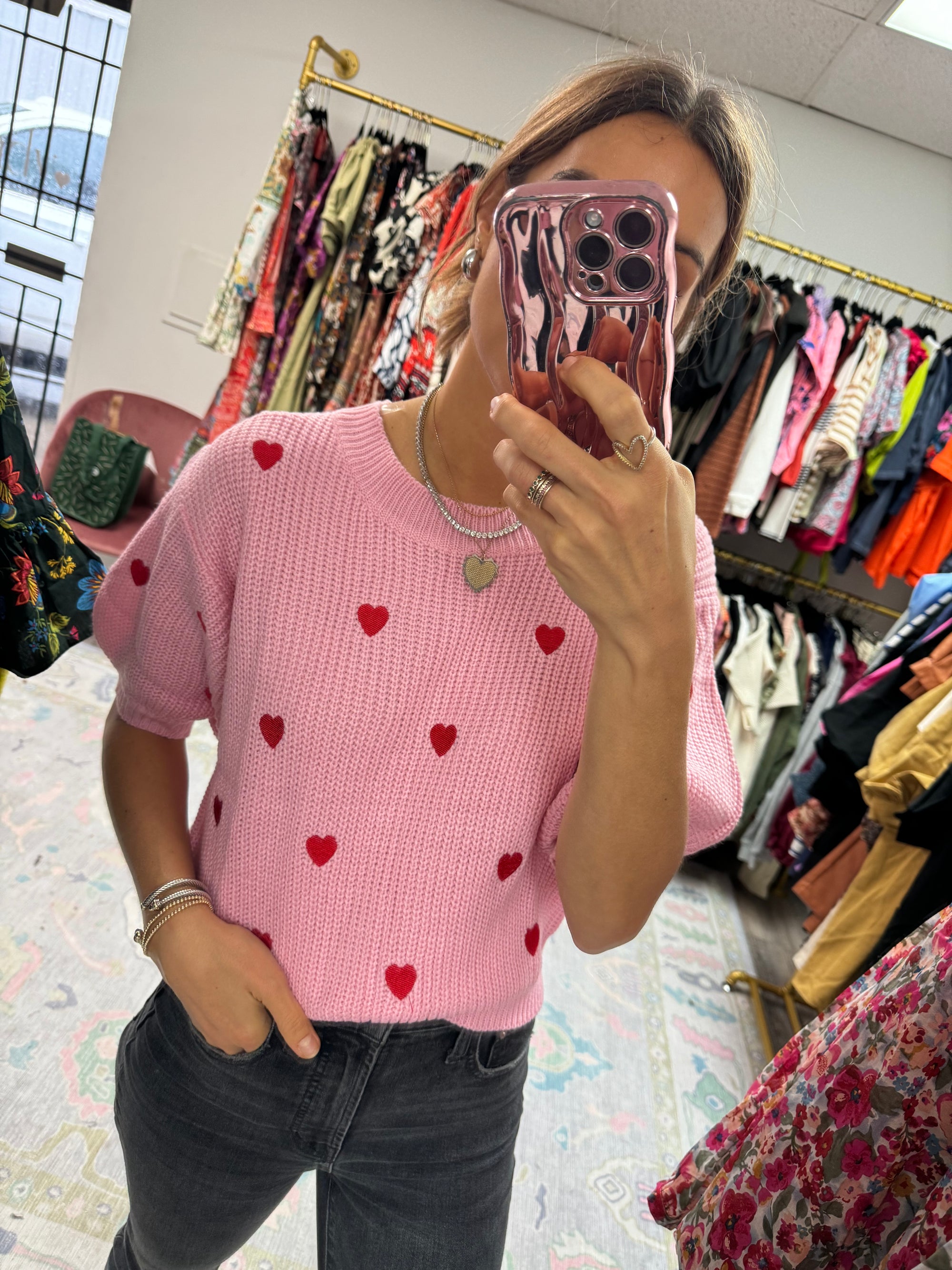 Puff Sleeve Heart Embroidered Sweater Top