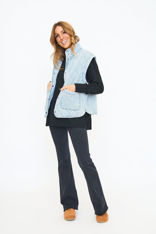 Washed Denim Quilted Button Down Vest