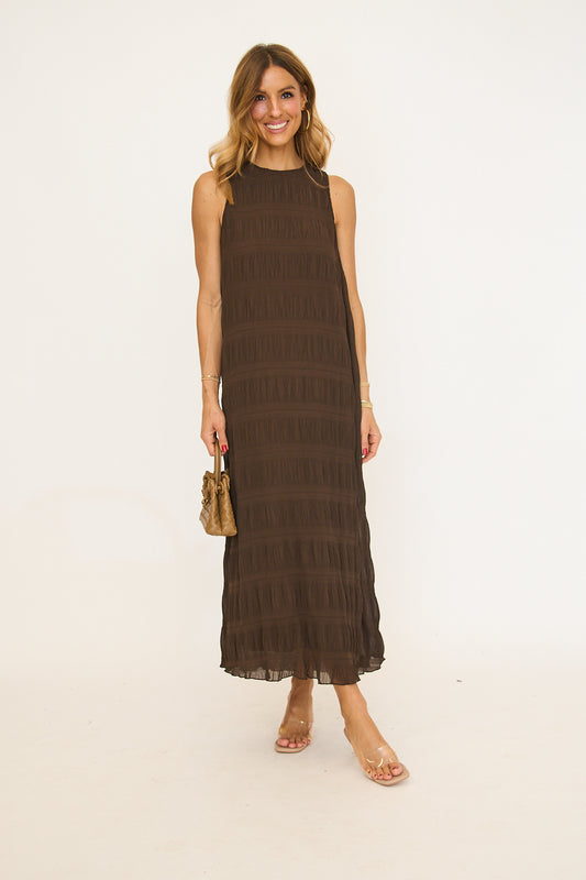 Pleated Chiffon Dress - Chocolate Brown
