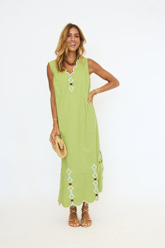 Green Embroidered V-Neck Scallop Dress