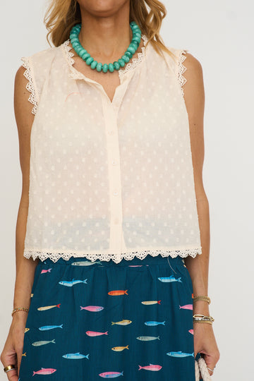 Lace Edge Sleeveless Swiss Dot Top