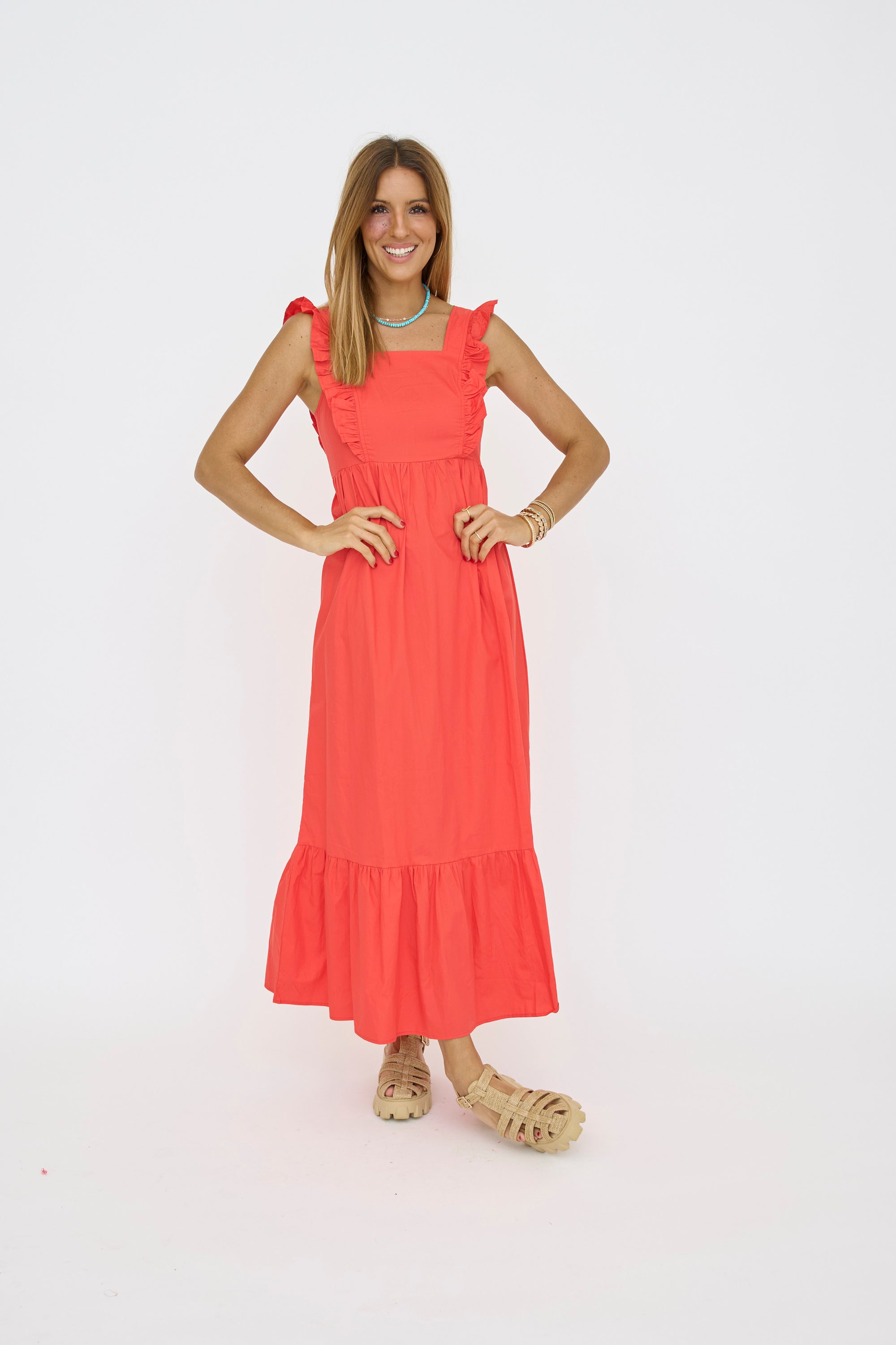 Ruffled Square Neckline Long Dress