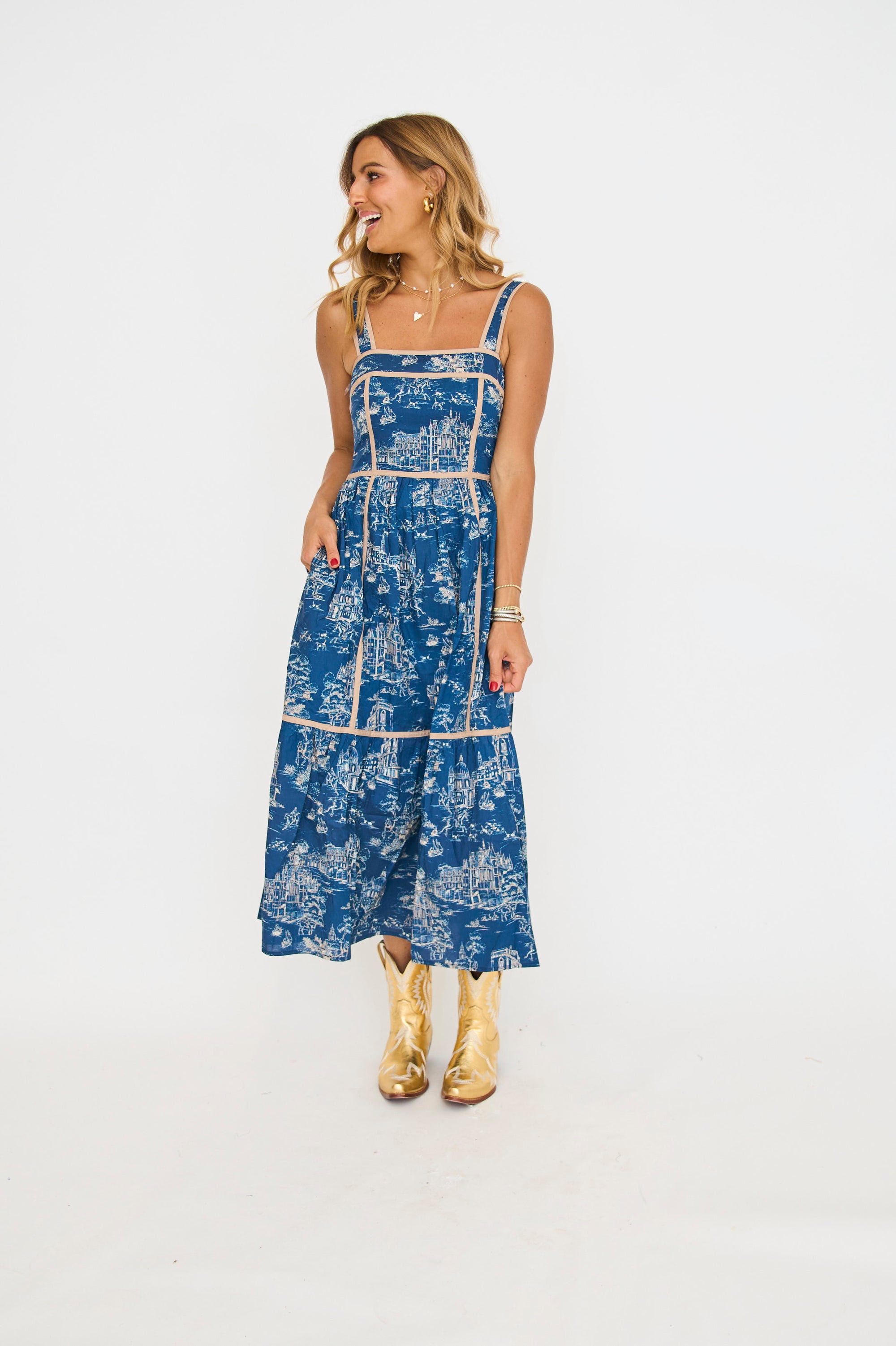 Indigo Toile Midi Dress