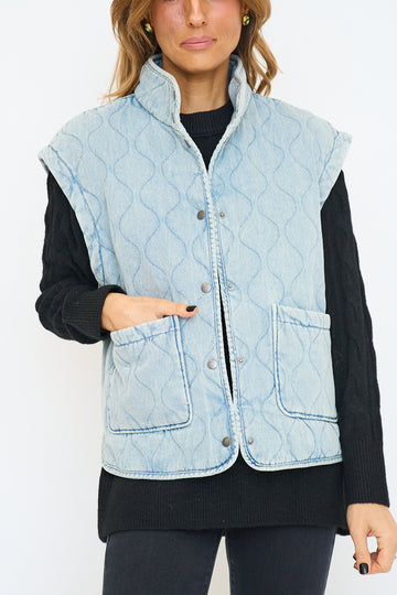 Washed Denim Quilted Button Down Vest