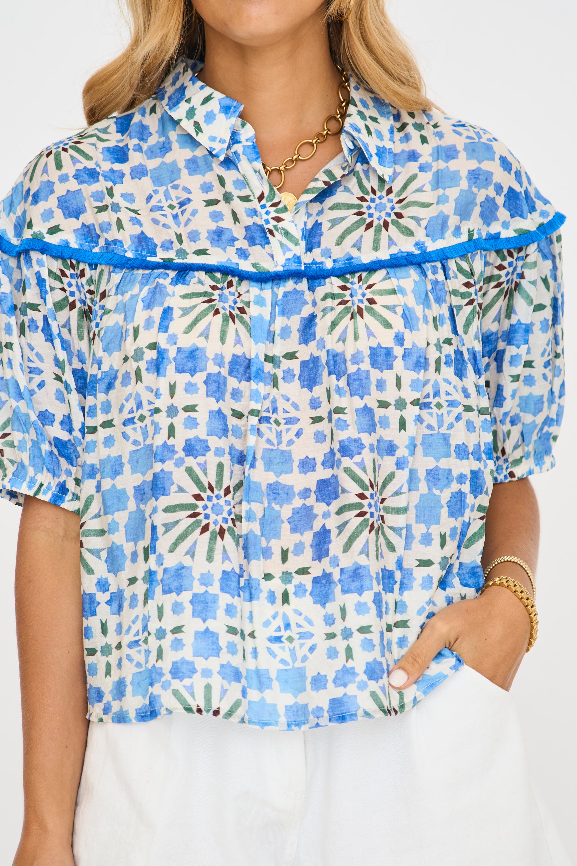 Fringed Yoke Collared Floral Top