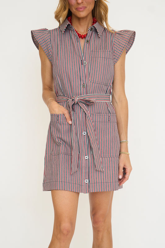 Button Down Dress with Ruffle Sleeve and Waist Sash