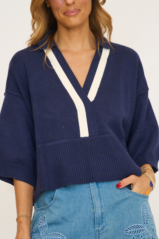 V-Neck Collar Trim Sweater Top