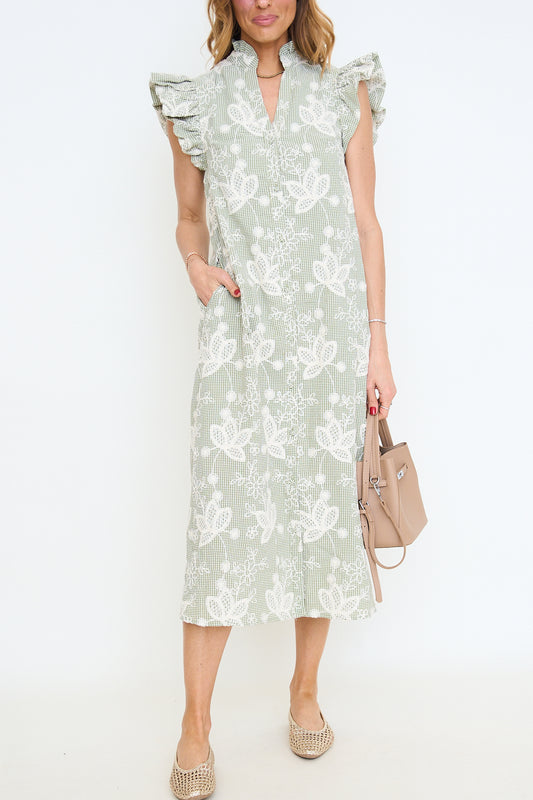 Floral Embroidered Gingham Print Midi Dress
