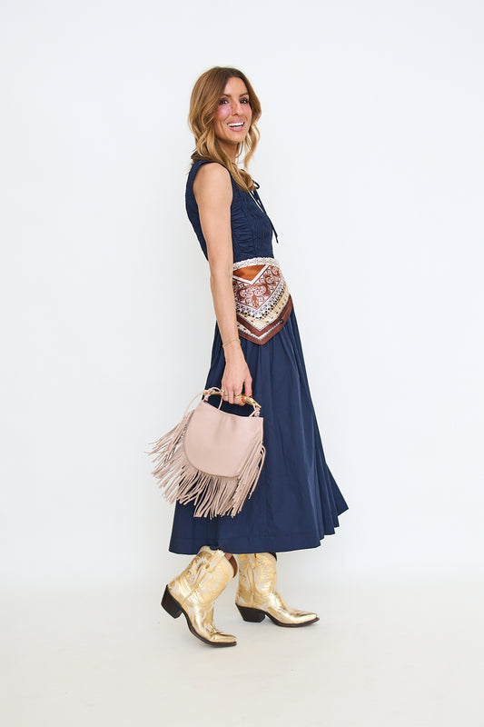 Faux Leather Fringe Bag With Gold Handle - Beige