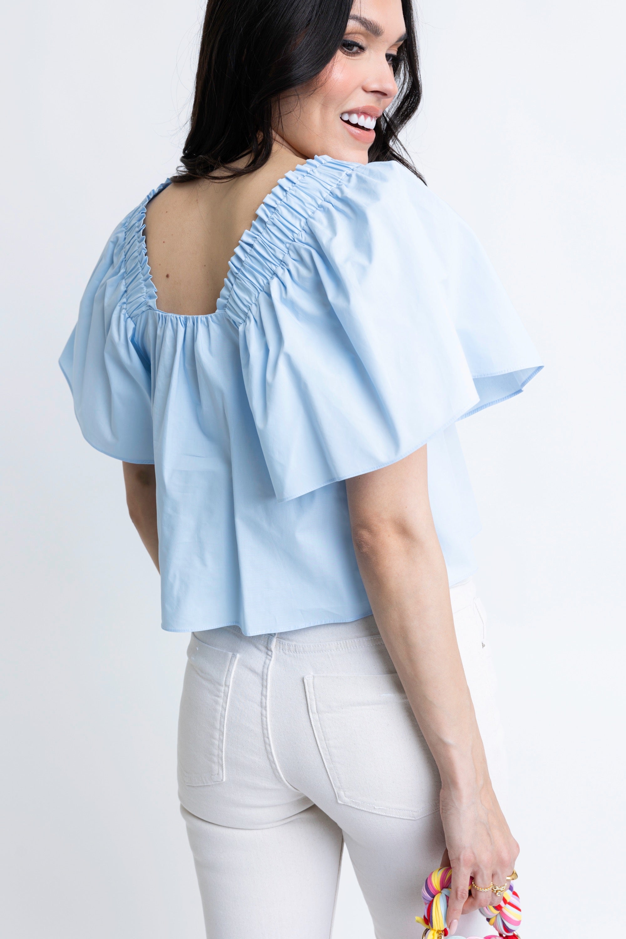 Khloe Poplin Square Neck Top - Baby Blue