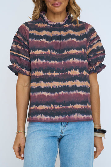 Pleated Puff Sleeve Tie Dye Top