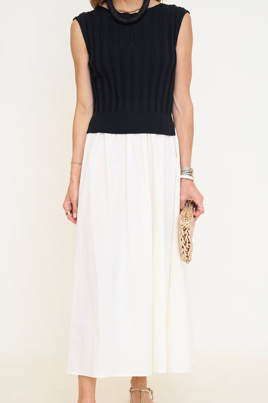 Boat Neck Knit Bodice Top Mixed Media Midi Dress