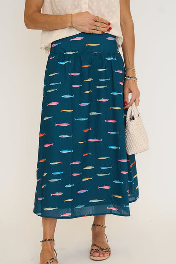 Fish Print Smocked Waist Midi Skirt