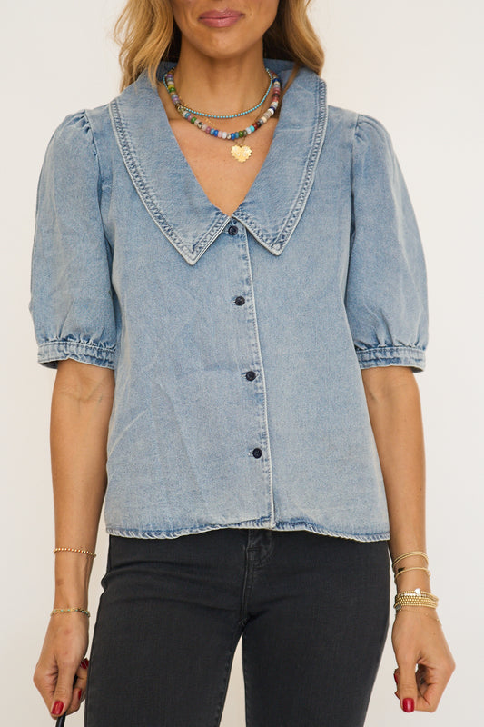 Deep V-Neck Button Up Denim Shirt