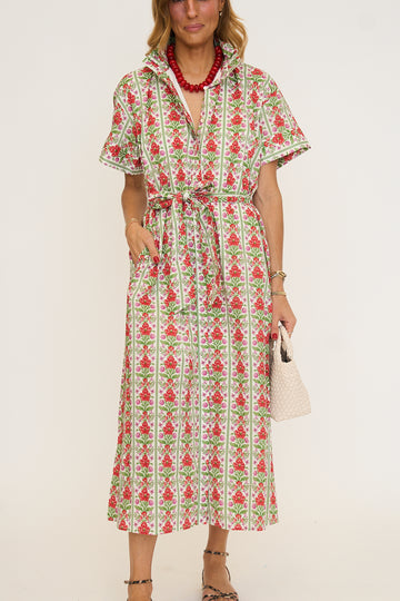 Floral Stand Collar Midi Dress