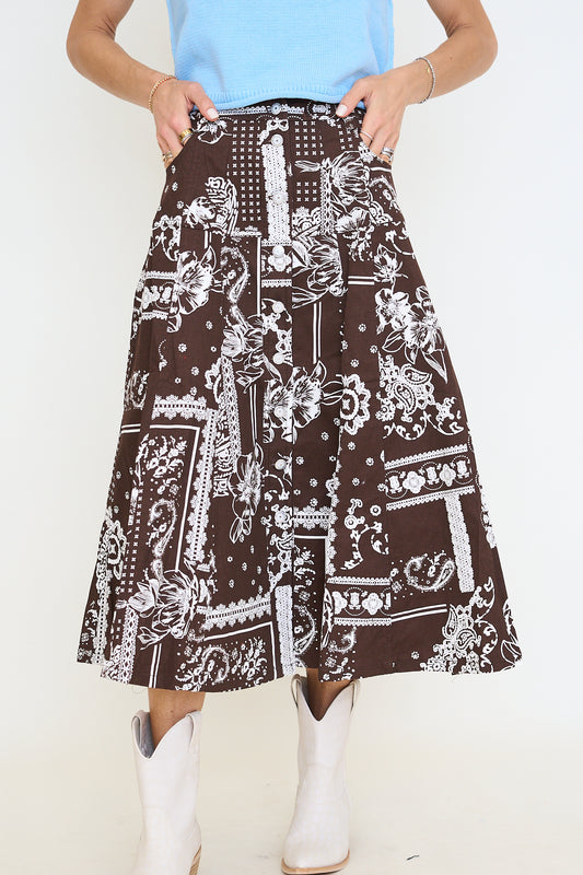 Paisley Denim Button Down Midi Skirt