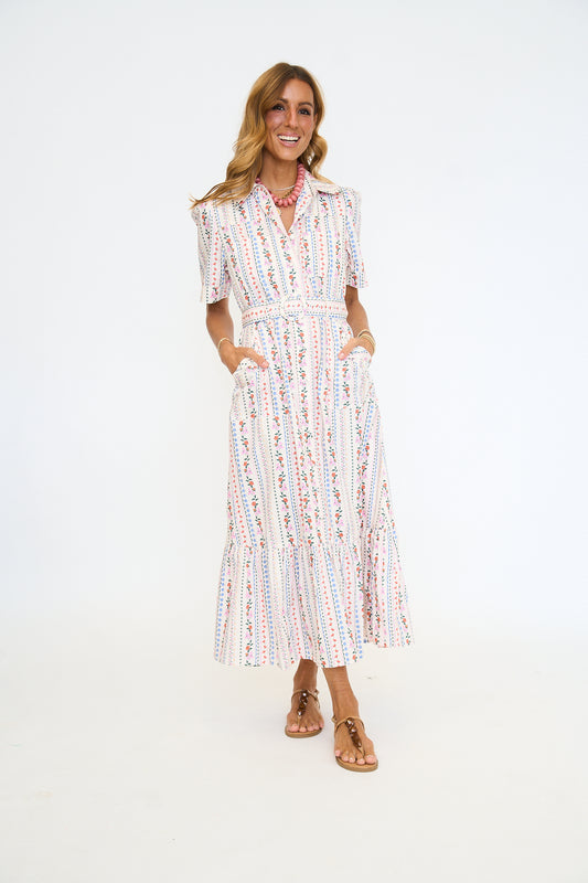 French Multi Floral Pocket Belt Maxi Dress