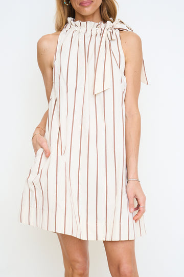 Ruffle Neck Tie Sleeveless Mini Dress - Stripe