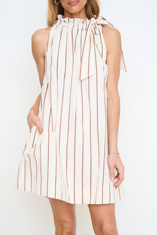 Ruffle Neck Tie Sleeveless Mini Dress - Stripe
