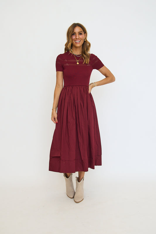Sheer Trim Midi Dress - Oxblood
