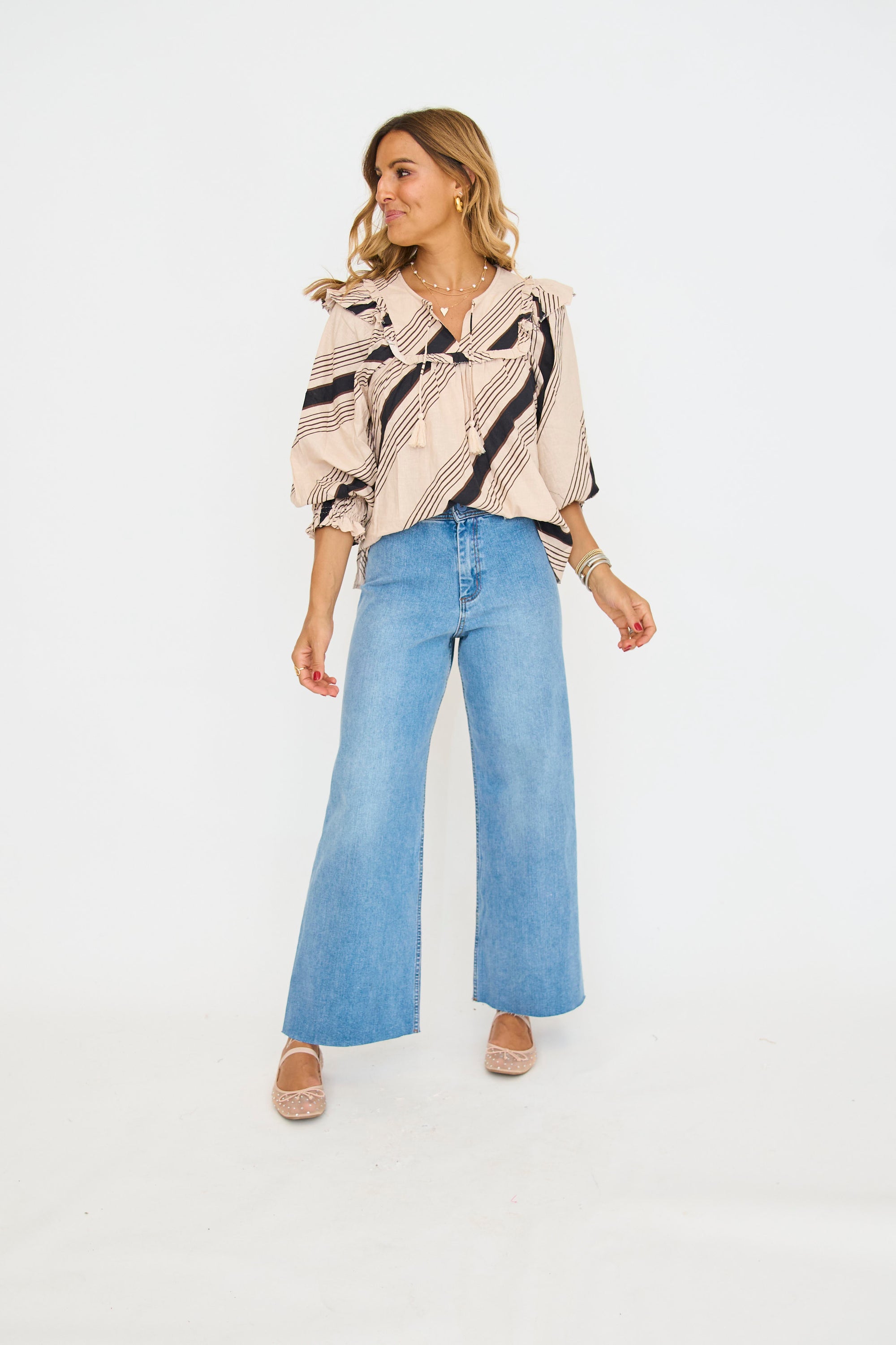 Stripe Ruffle Puff Sleeve Top in Tan/Black