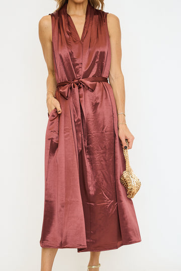 Draped V Neckline Satin Long Dress