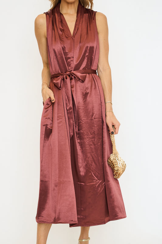 Draped V Neckline Satin Long Dress
