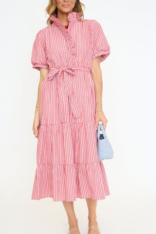 Ruffle Detail Tiered Stripe Midi Dress