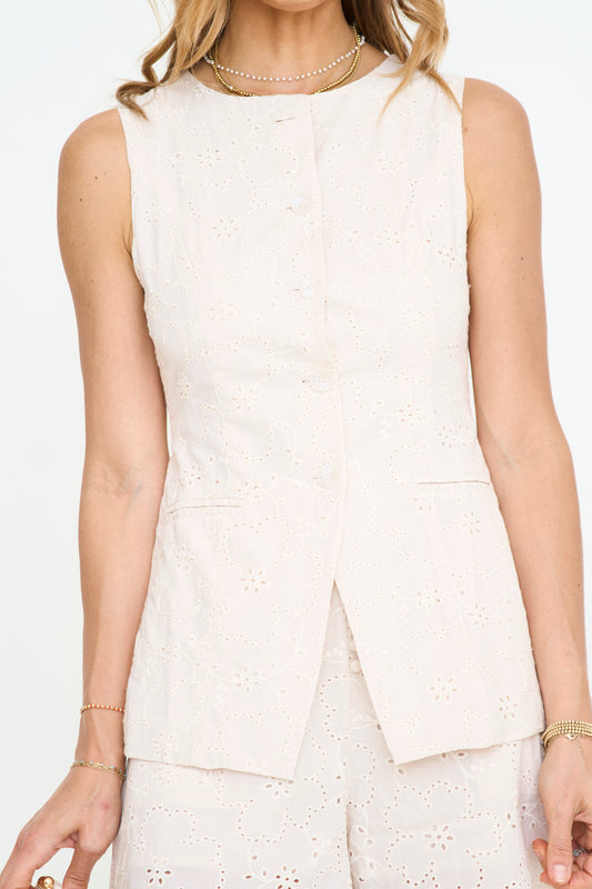 Cream Eyelet Long Vest