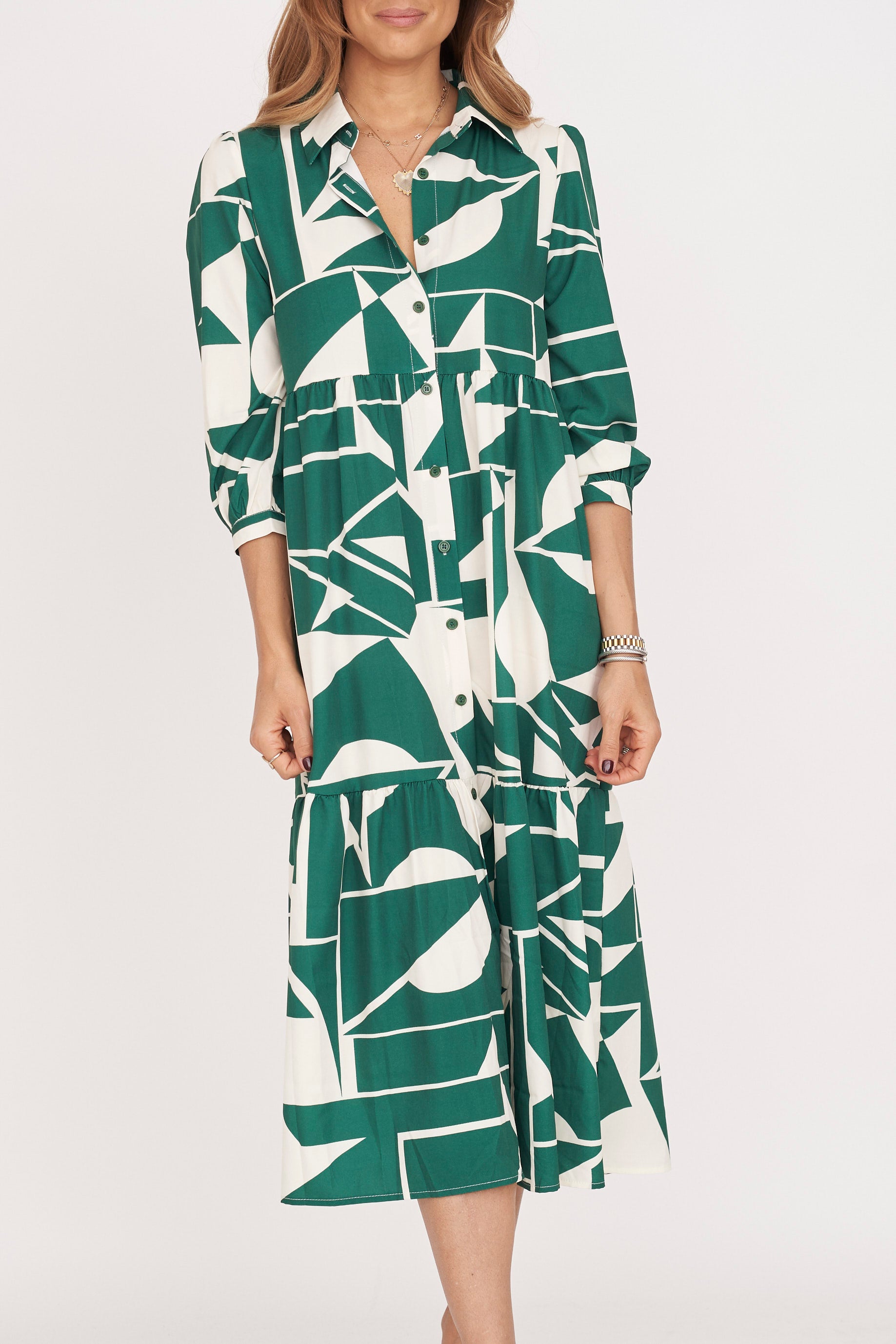 Geometric Green Print Shirt Dress
