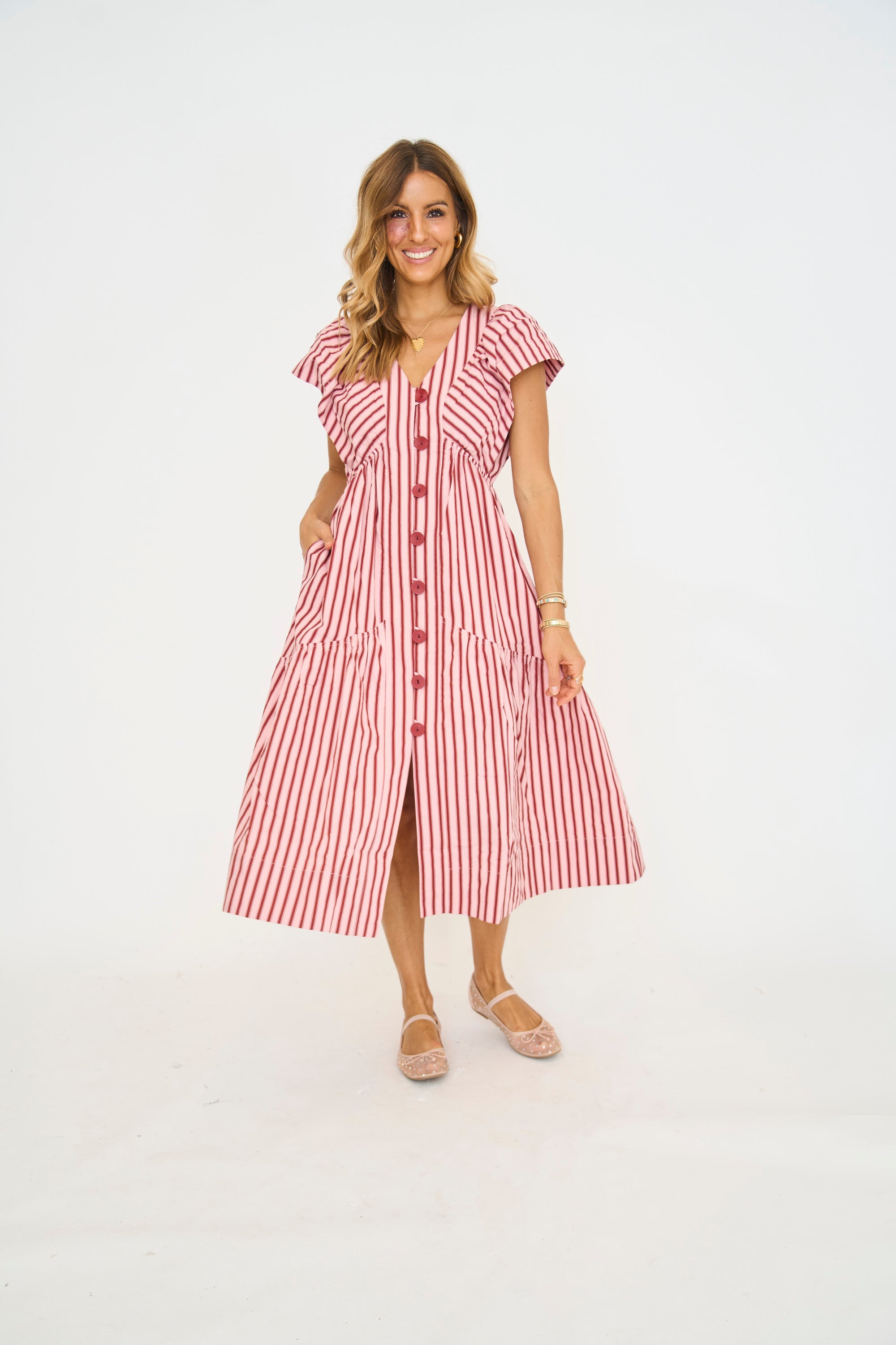 Candy Stripe Vneck Midi Dress