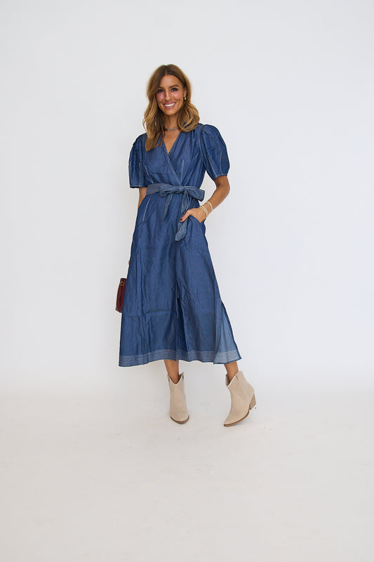 Rosanna True Wrap Denim Midi Dress