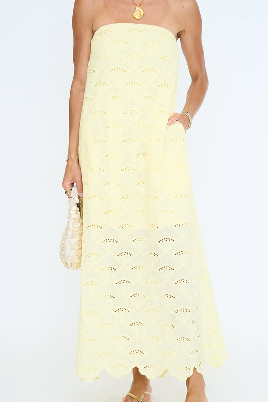 Strapless Eyelet Hem Detail Midi Dress