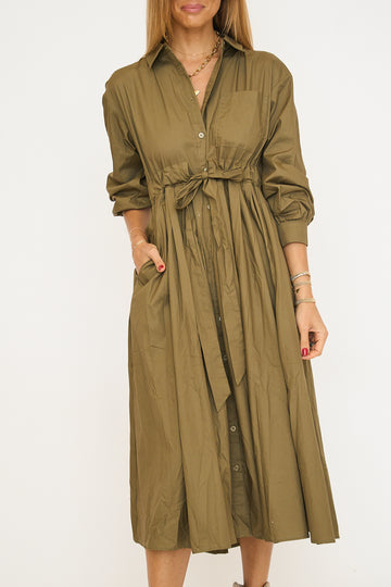 Front Pleat Accent Button Down Midi Dress