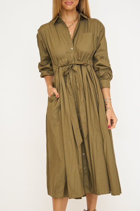 Front Pleat Accent Button Down Midi Dress