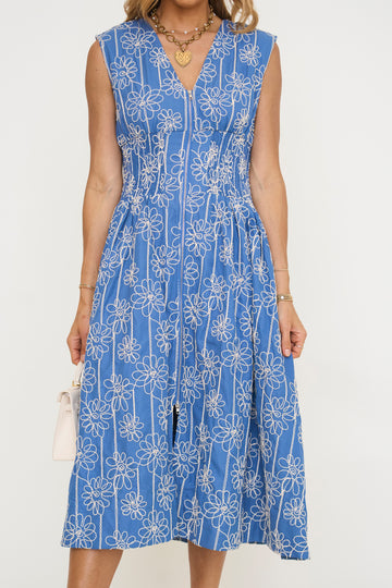 Floral Stitch Zip Up Midi Dress