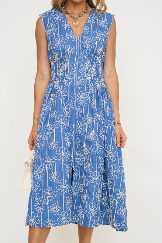 Floral Stitch Zip Up Midi Dress