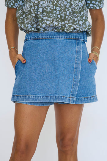 Slanted Front Skort in Denim