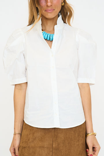 White Ruffle Neck Poplin Puff Sleeve Top