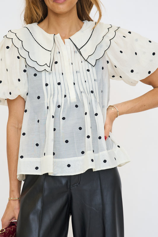 Scalloped Collar Sheer Polka Dot Blouse