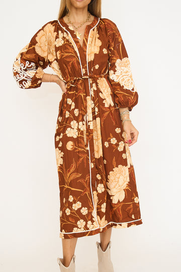 Floral Print Contrast Embroidery Detail Midi Dress