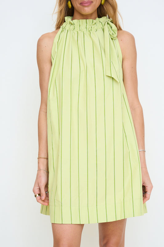 Ruffle Neck Tie Sleeveless Mini Dress - Stripe