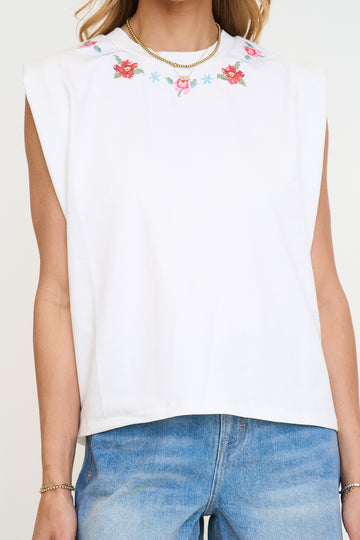 Floral Embroidery Sleeveless Muscle Tee Top