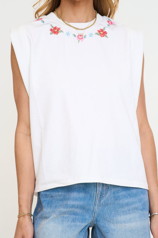 Floral Embroidery Sleeveless Muscle Tee Top